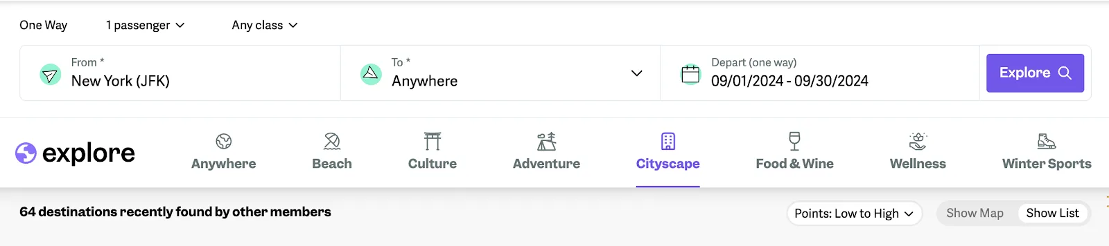 Screenshot of a point.me flight search tool set to explore destinations from New York JFK with the Cityscape filter selected