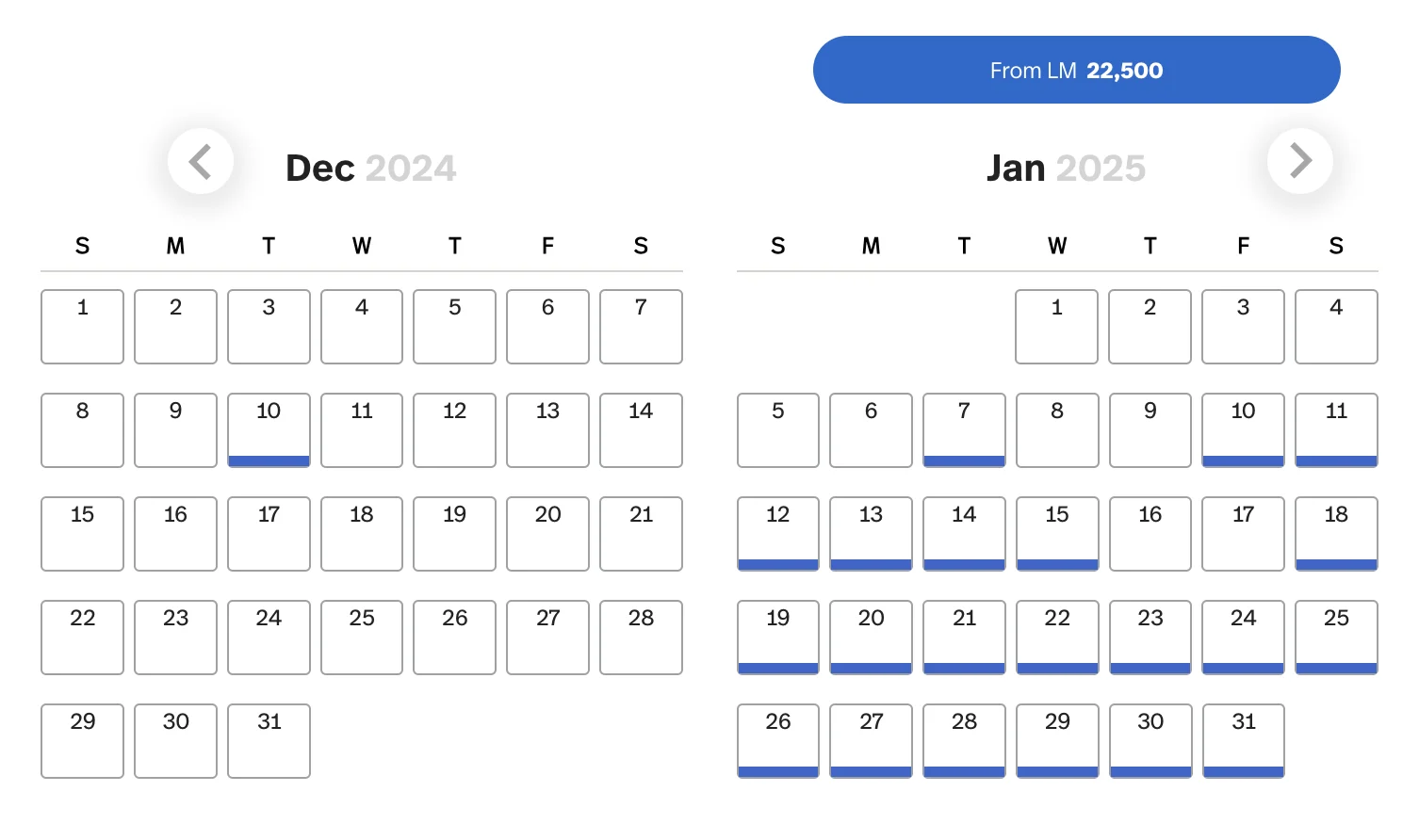 Screenshot of a LifeMiles award calendar for December 2024 and January 2025 showing available dates from 22,500 miles