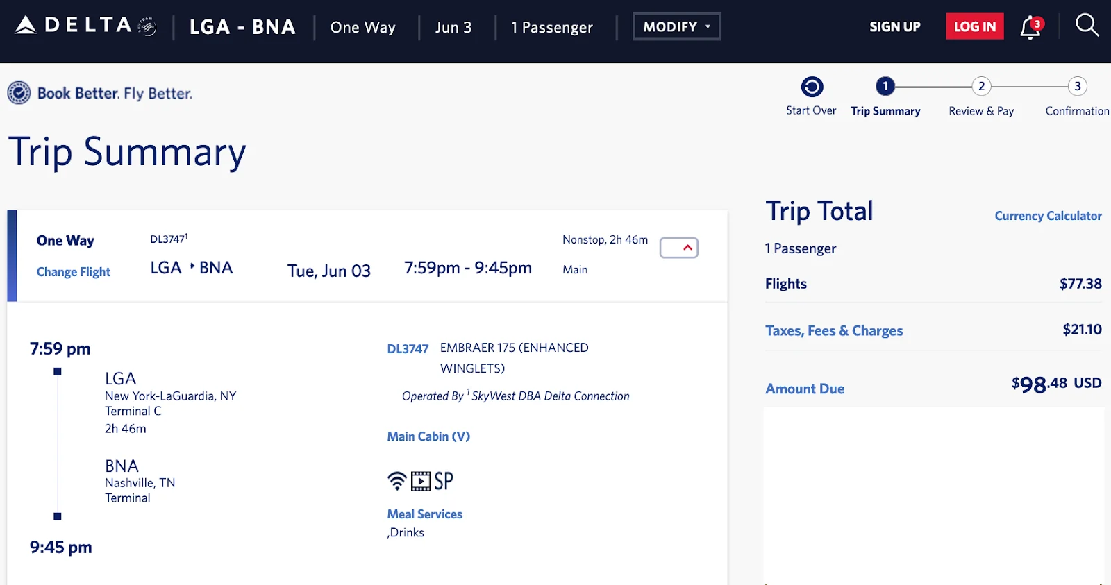 Screenshot of the same Delta LaGuardia to Nashville flight priced in cash, totaling $98.48.