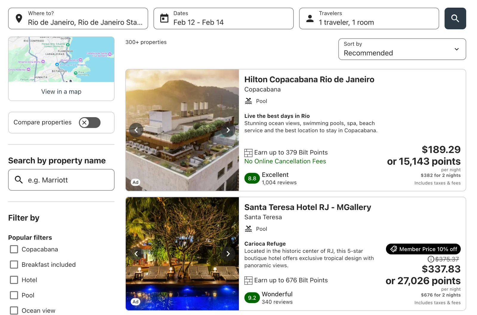 Screenshot of Bilt travel portal search results for Rio de Janeiro hotels, showing the Hilton Copacabana priced at 15,143 points per night