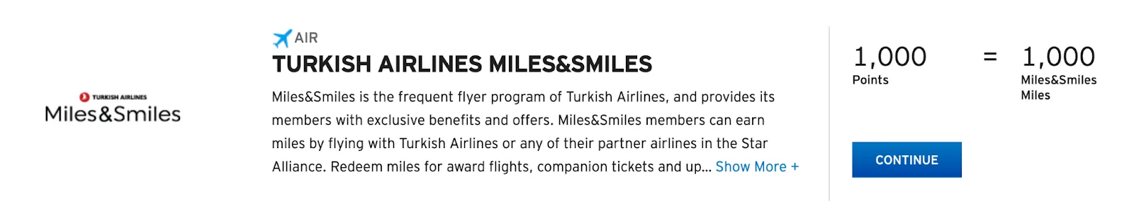 Screenshot of a Citi ThankYou transfer partner listing showing a 1:1 transfer ratio to Turkish Airlines Miles&Smiles.