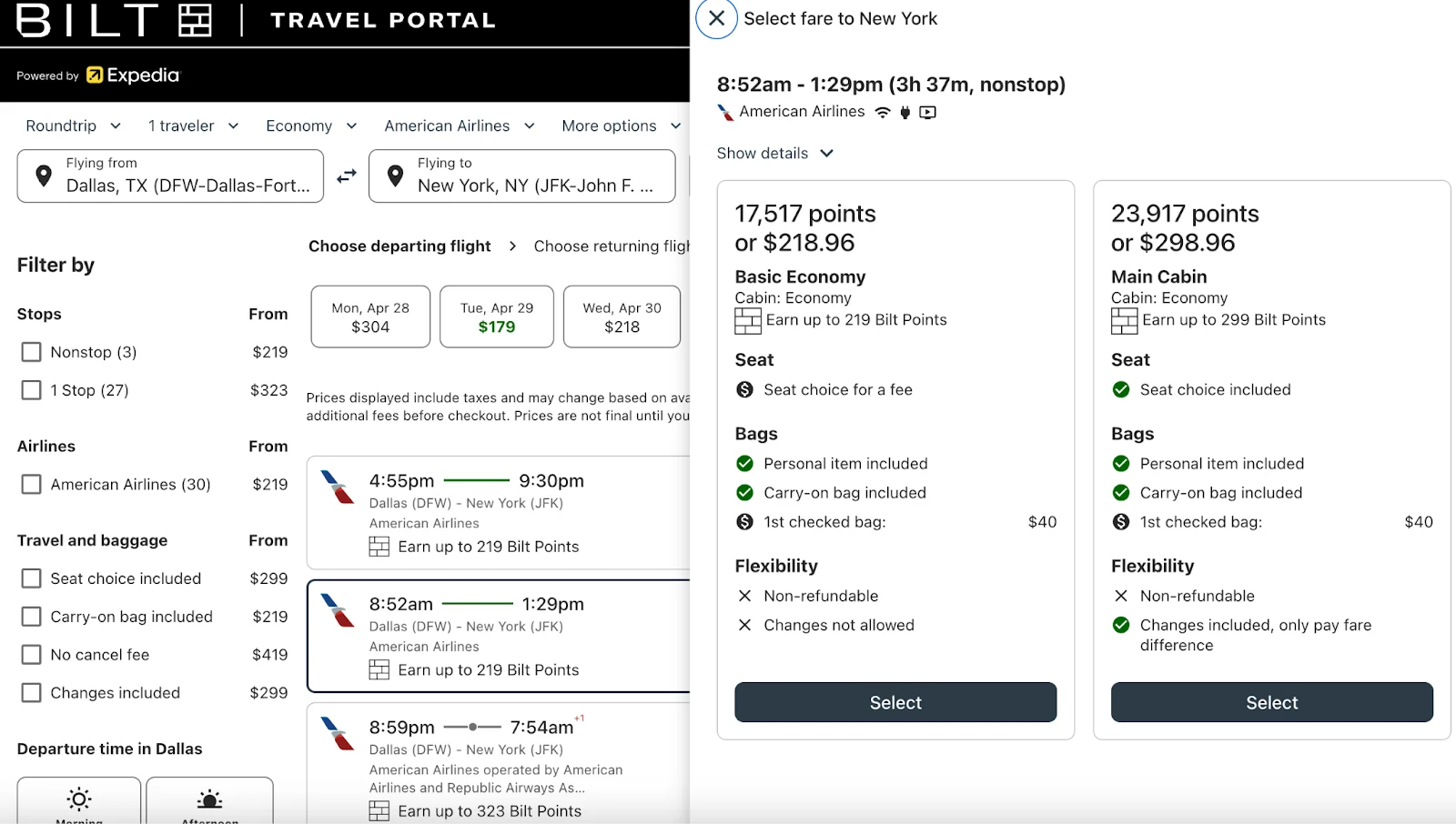 Screenshot of the Bilt Travel Portal showing American Airlines flight options from Dallas to New York with Bilt Points earning rates