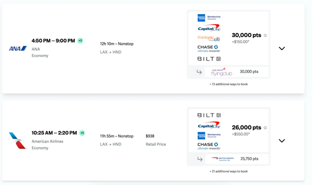 Screenshot of point.me search results for Los Angeles to Tokyo Haneda showing ANA economy for 30,000 points via Virgin Atlantic Flying Club and American Airlines economy for 26,000 points via British Airways