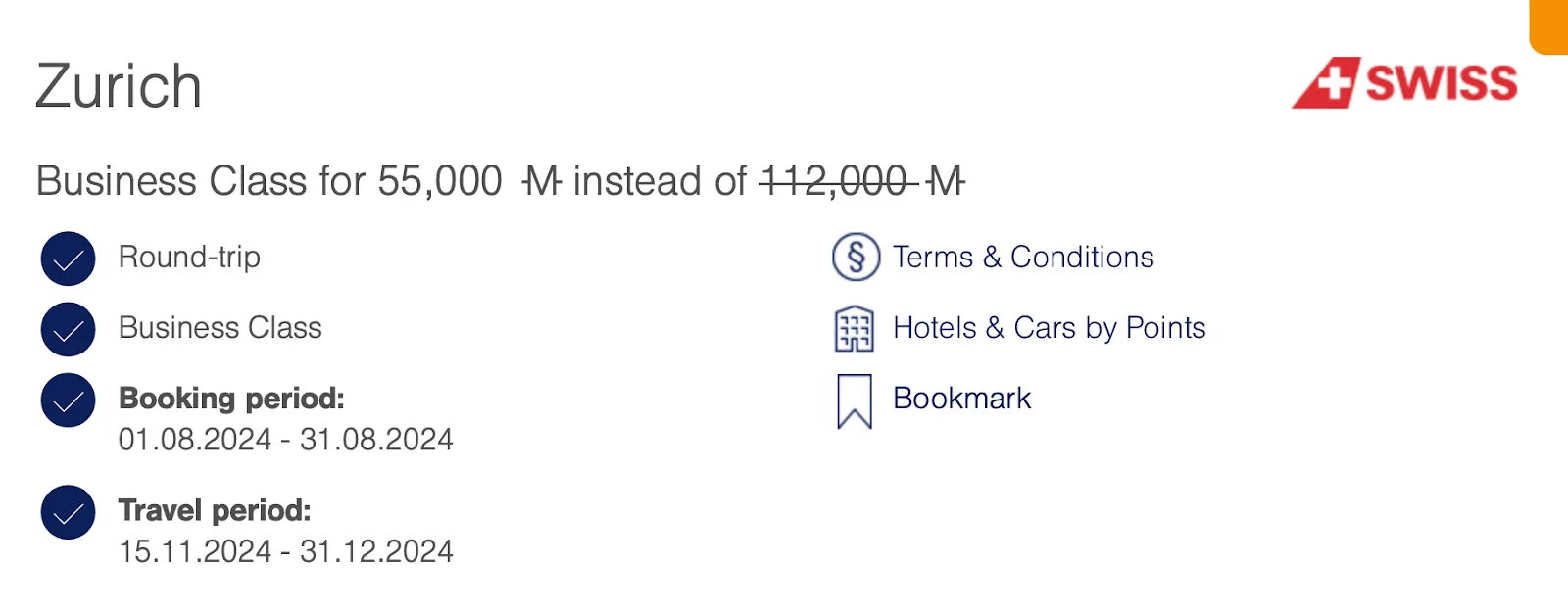 A Swiss Miles & More promotion advertising round-trip business class to Zurich for 55,000 miles, discounted from 112,000.