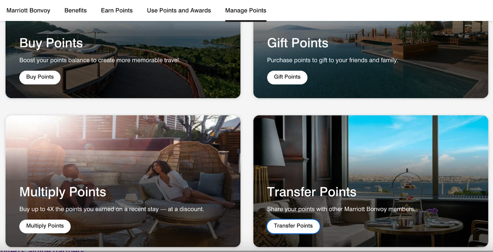 Screenshot of the Marriott Bonvoy Manage Points page showing tiles for Buy Points, Gift Points, Multiply Points, and Transfer Points