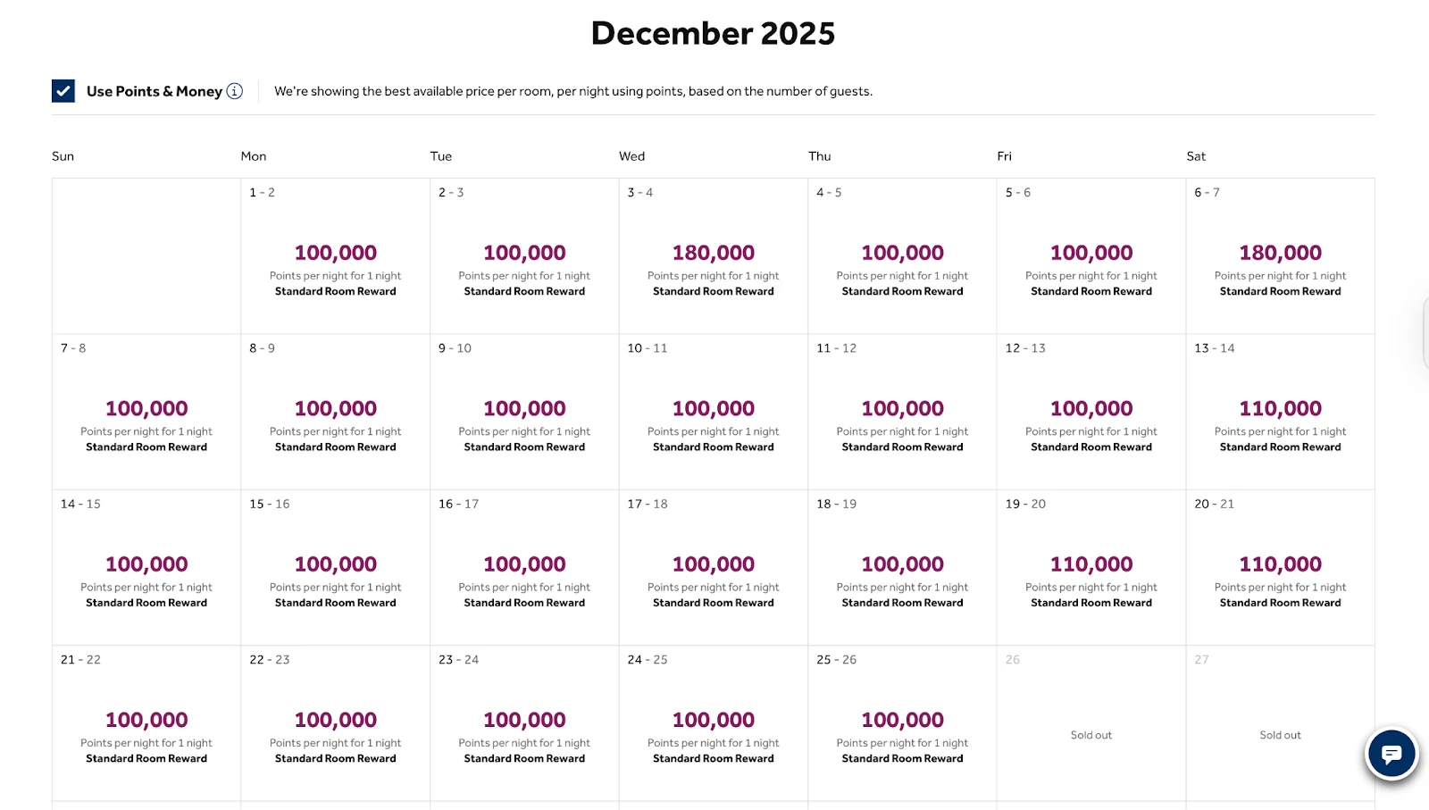 Screenshot of a Hilton Honors booking calendar for December 2025, showing standard room rewards mostly priced at 100,000 points per night.
