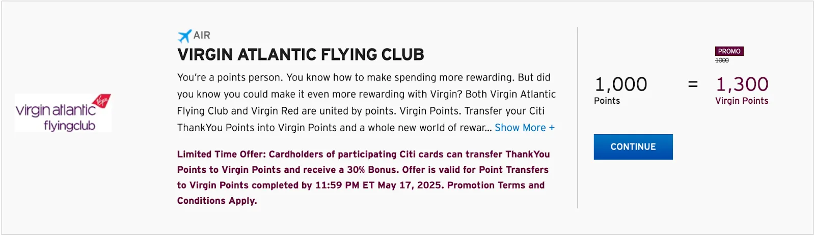 Citi ThankYou Points transfer page for Virgin Atlantic Flying Club advertising a limited-time 30% transfer bonus