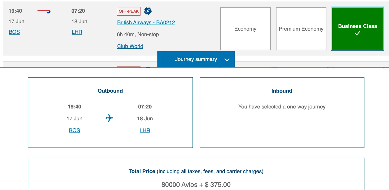 Screenshot of a British Airways booking summary for a Boston to London Club World business class flight priced at 80,000 Avios plus $375