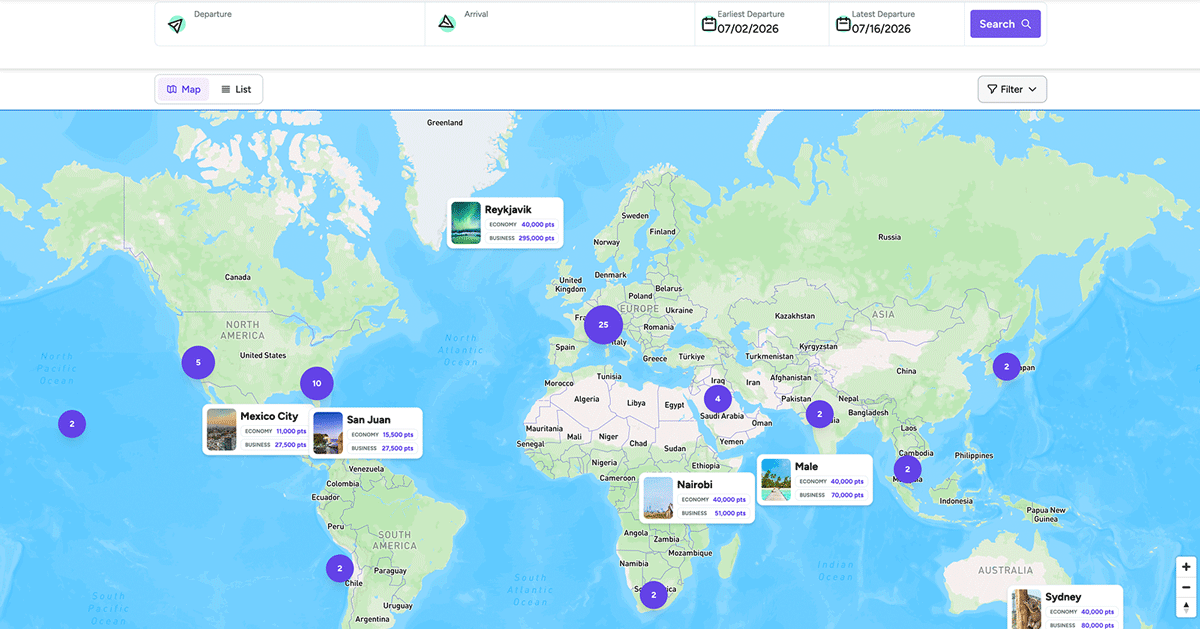 This animation of the Explore 2.0 map shows a desktop selection of origin airport and destination to anywhere