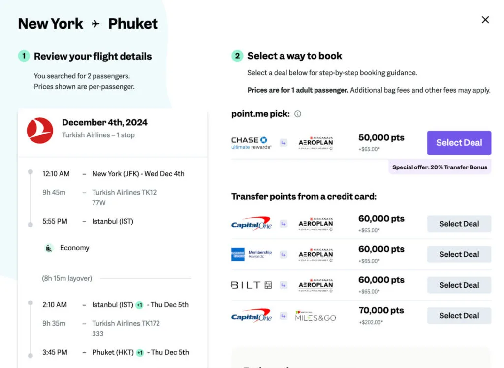 Screenshot of a point.me booking page for a New York to Phuket Turkish Airlines flight for two passengers, priced at 50,000 points per person