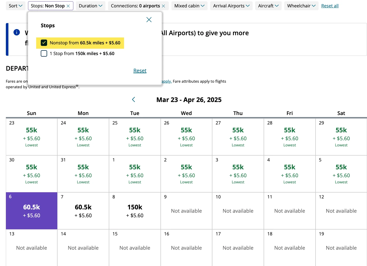 United Airlines award calendar showing nonstop Washington to Tokyo Haneda mileage prices ranging from 55,000 to 150,000 miles