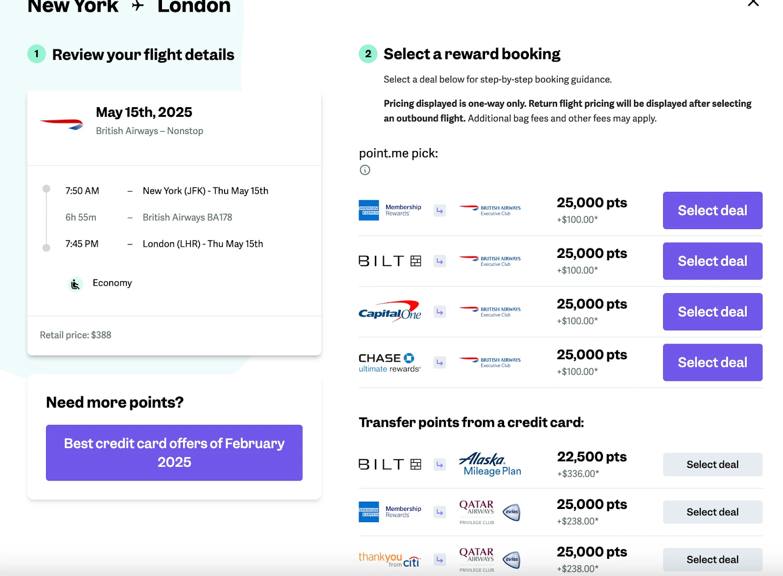 Screenshot of point.me booking options for a New York to London flight, showing British Airways Executive Club redemptions for 25,000 points via several transfer partners.