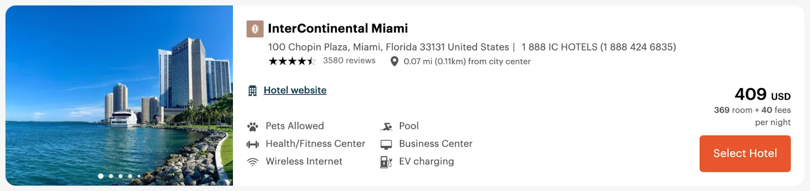 Screenshot of a hotel listing for the InterContinental Miami, showing the waterfront property and a nightly rate of $409.