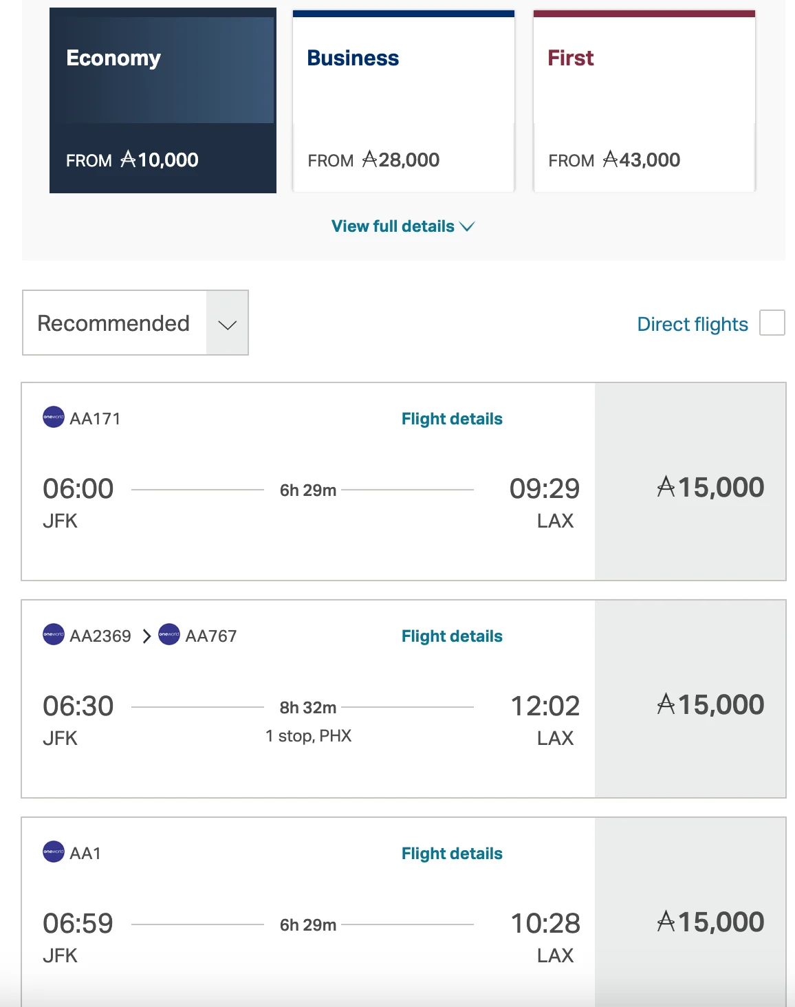 Screenshot of an Air Canada Aeroplan search showing JFK to Los Angeles fares starting at 10,000 points in Economy, 28,000 in Business, and 43,000 in First