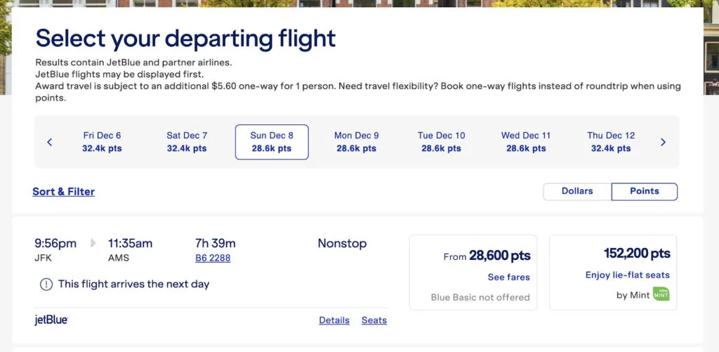 JetBlue flight search result showing a nonstop JFK to Amsterdam flight priced from 28,600 points, including a Mint fare at 152,200 points
