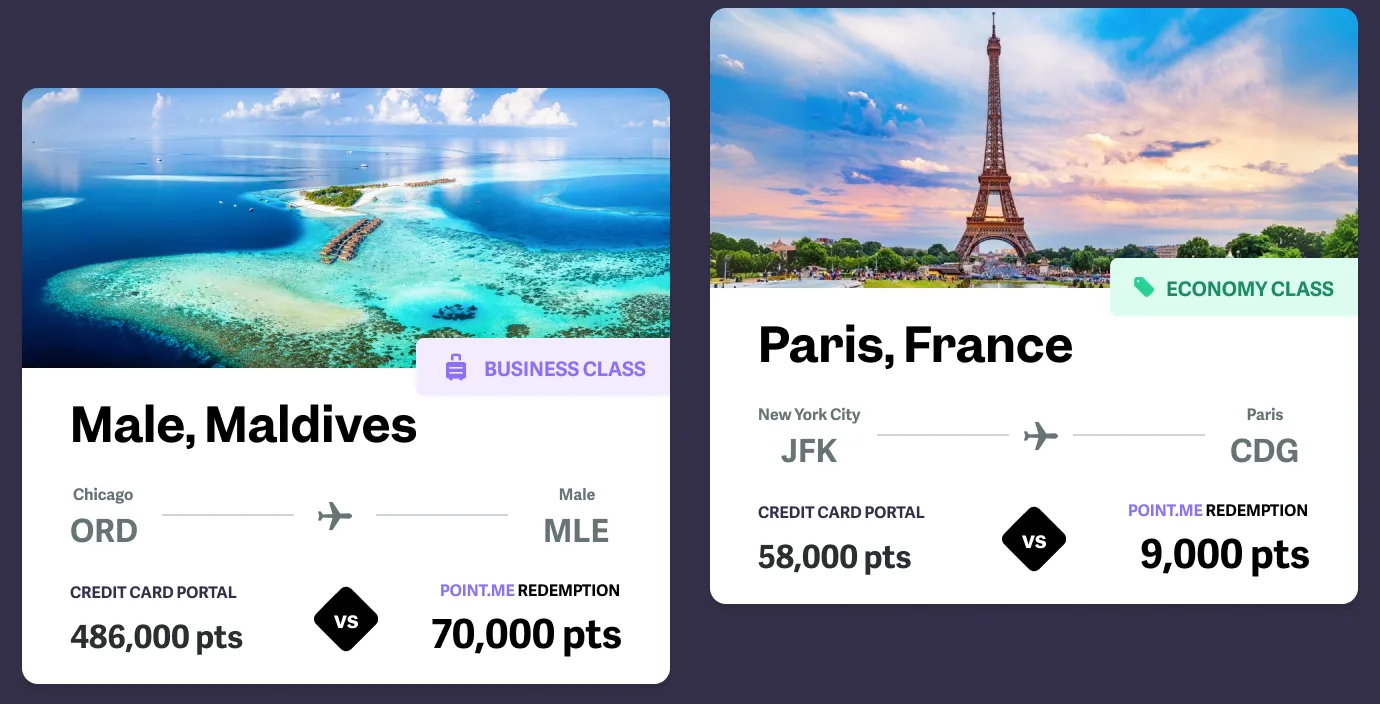 Chicago to Maldives New York to Paris — 2 Deal Cards