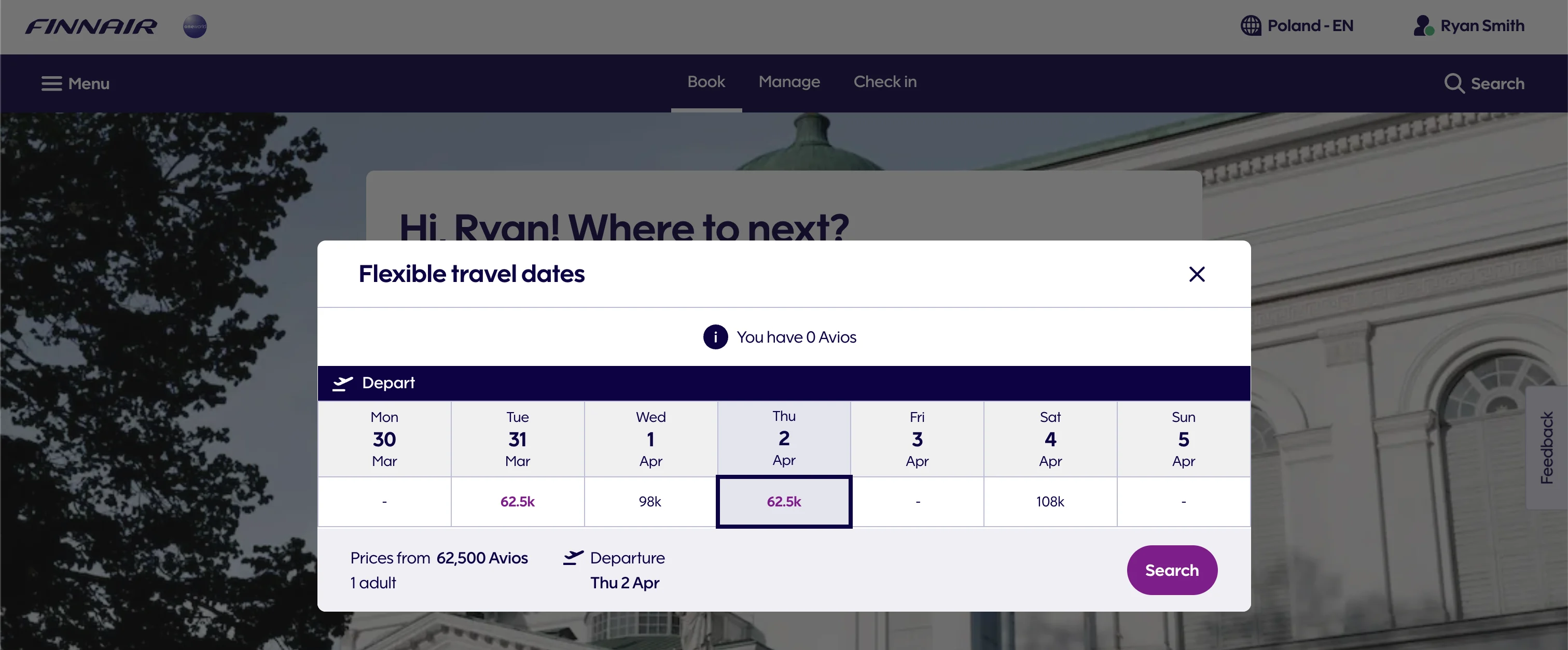 Screenshot of the Finnair website's flexible travel dates calendar showing Avios award prices ranging from 62,500 to 108,000 points.