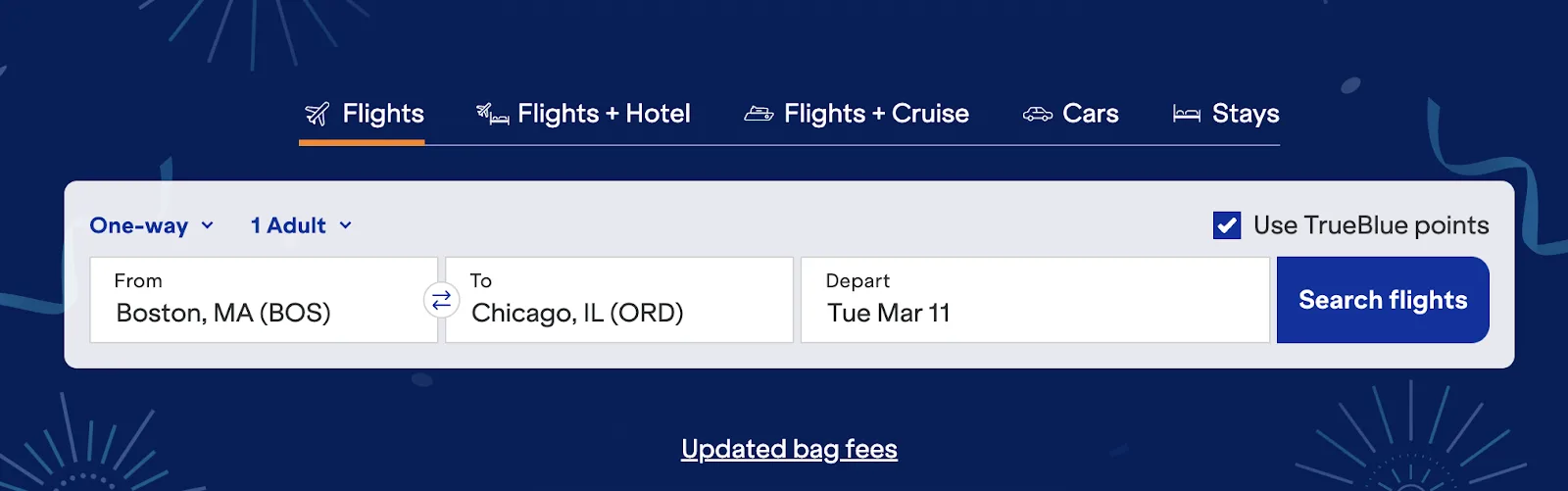 Screenshot of the JetBlue homepage with a one-way flight search from Boston to Chicago and the 'Use TrueBlue points' option checked.