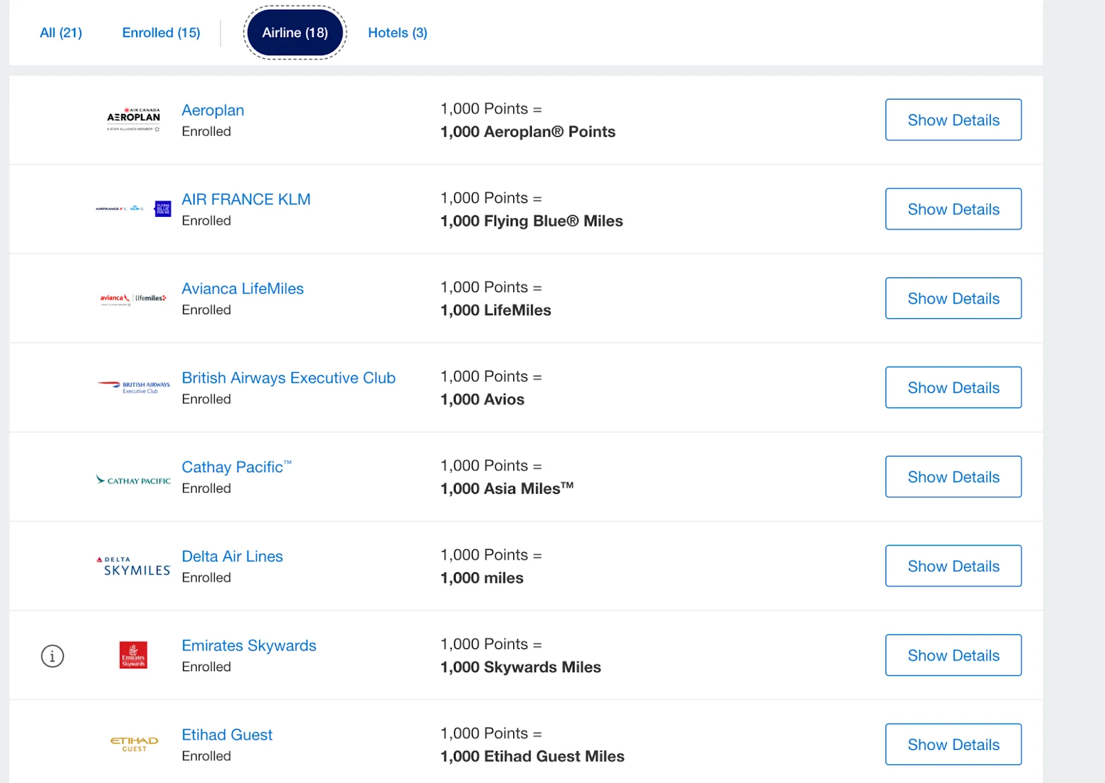 Amex Membership Rewards airline transfer partners list, including Aeroplan, Air France KLM Flying Blue, Avianca LifeMiles, British Airways, Cathay Pacific, Delta, Emirates, and Etihad