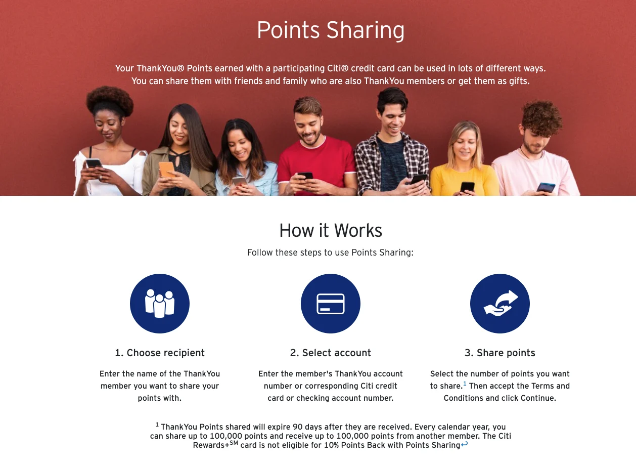 Citi ThankYou Points Sharing landing page showing a group of people looking at their phones alongside steps for how the sharing feature works.
