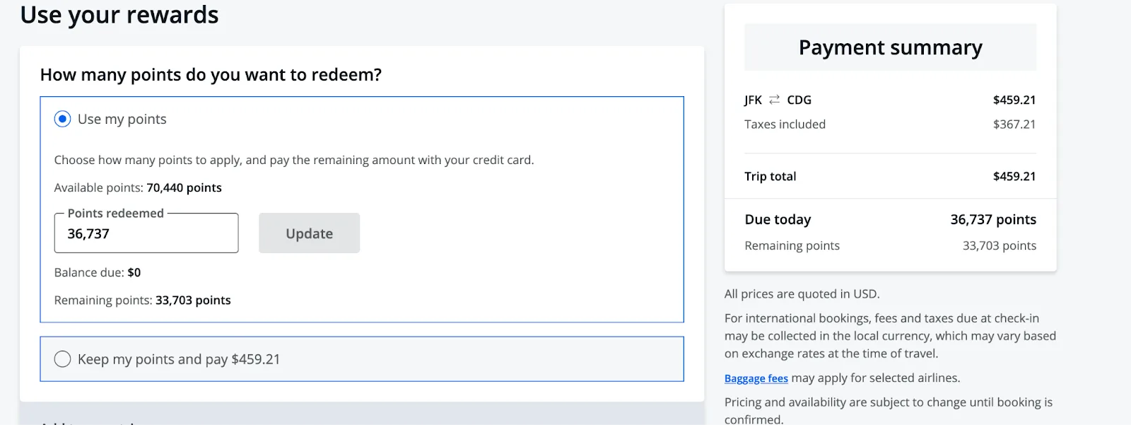 Screenshot of the Chase Travel rewards redemption screen applying 36,737 points toward a New York to Paris flight