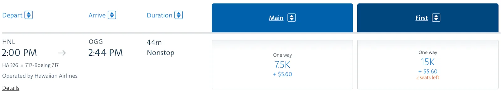 Screenshot of a Hawaiian Airlines award search for a Honolulu to Kahului flight priced at 7,500 points in Main Cabin or 15,000 points in First Class