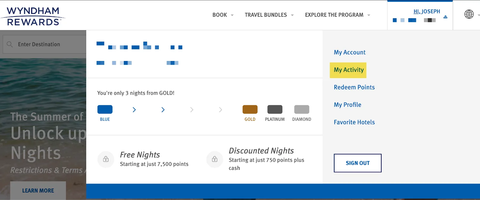 Screenshot of a Wyndham Rewards member account dashboard showing tier progress toward Gold status with the My Activity menu highlighted