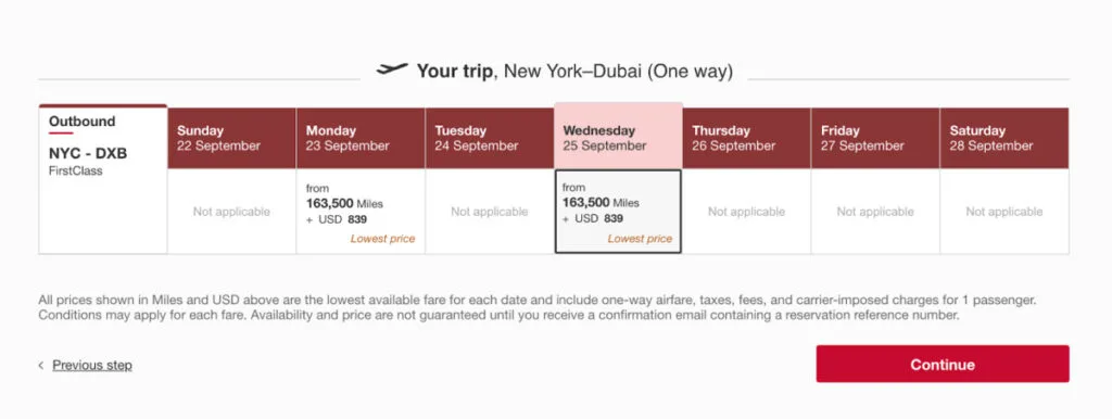Screenshot of an Emirates award booking showing a New York to Dubai First Class flight priced at 163,500 miles plus $839