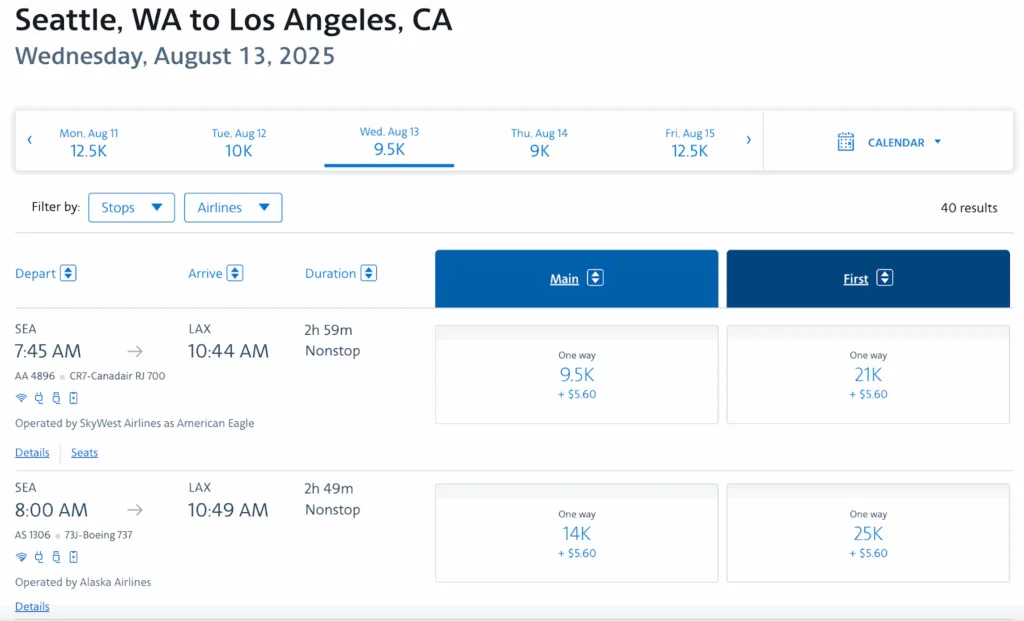 Screenshot of Alaska Airlines award search results for Seattle to Los Angeles, showing Main Cabin fares from 9,500 miles and First Class from 21,000 miles.