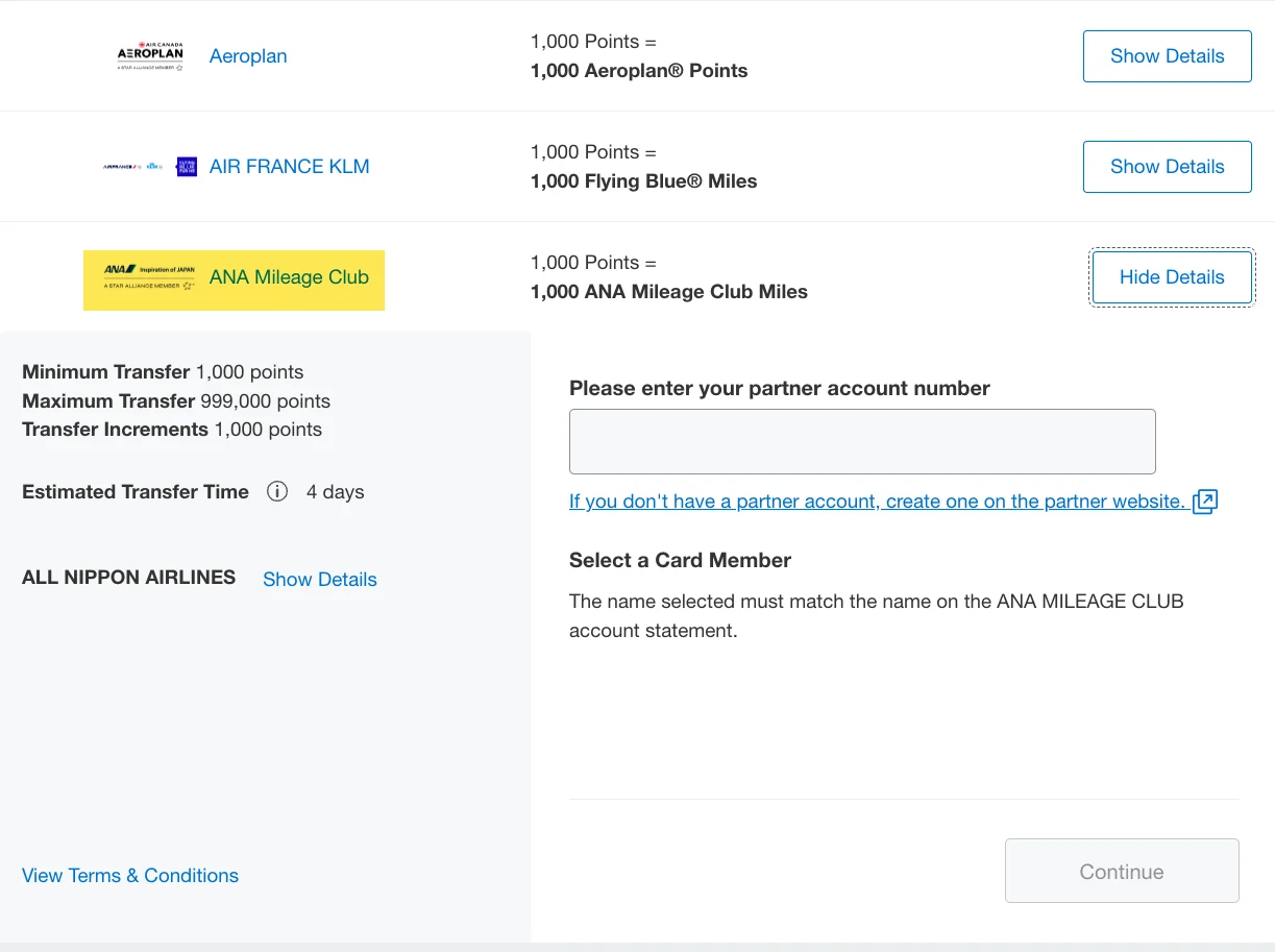 Chase Ultimate Rewards transfer page listing Aeroplan, Air France KLM, and ANA Mileage Club, with the ANA transfer details expanded