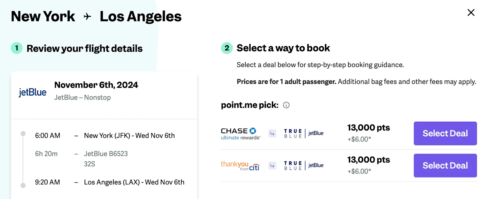 Screenshot of point.me showing two ways to book a JetBlue flight from New York to Los Angeles using Chase Ultimate Rewards or Citi ThankYou points.