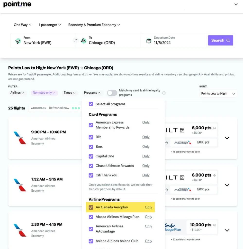 Screenshot of point.me flight search results for Newark to Chicago with a loyalty program filter open, showing Aeroplan highlighted among airline options