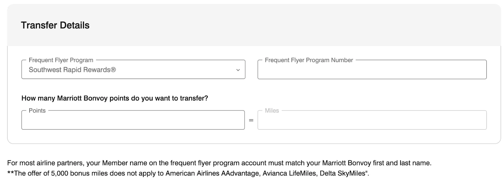 Screenshot of a Marriott Bonvoy points transfer form set to convert points into Southwest Rapid Rewards miles