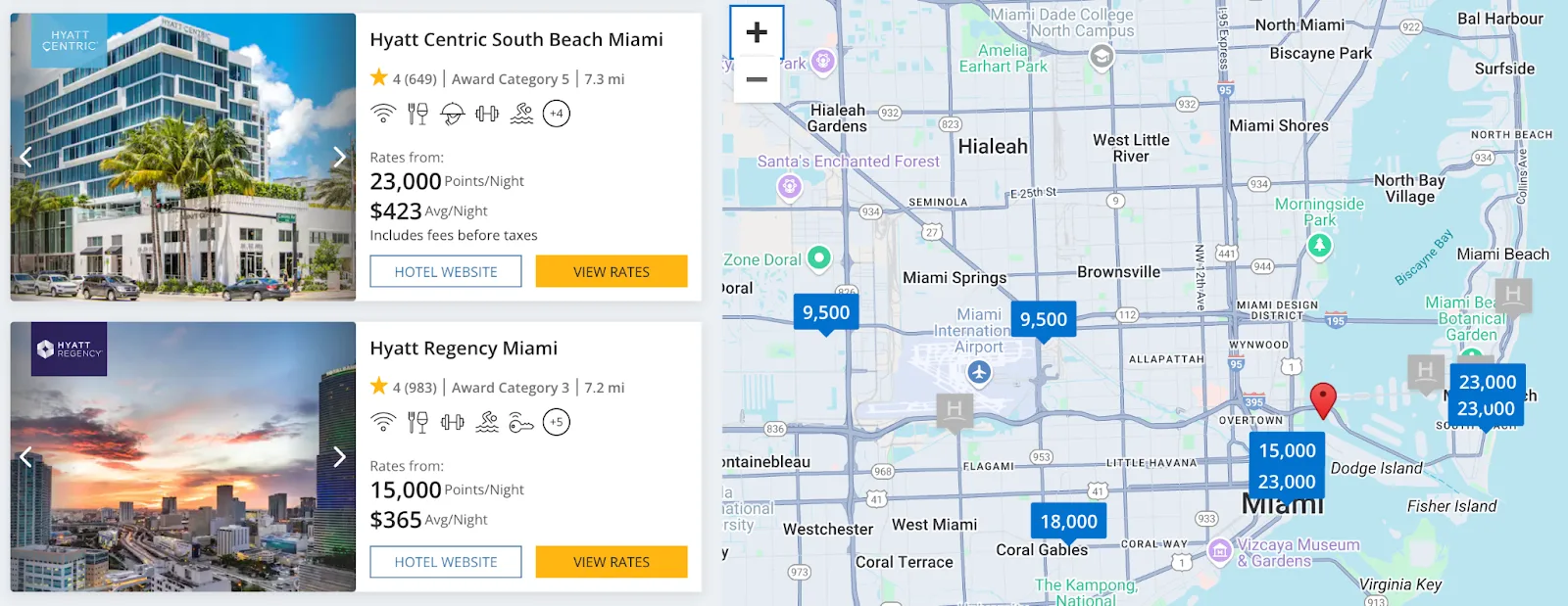 Screenshot of a Hyatt hotel search in Miami showing Hyatt Centric South Beach and Hyatt Regency Miami with nightly rates in points