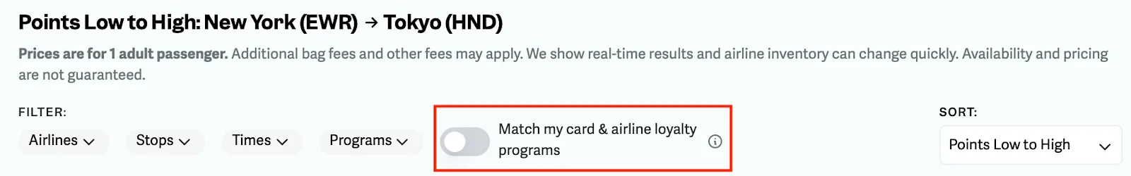 Screenshot of point.me search results for New York to Tokyo, with the 'Match my card & airline loyalty programs' toggle highlighted in red.