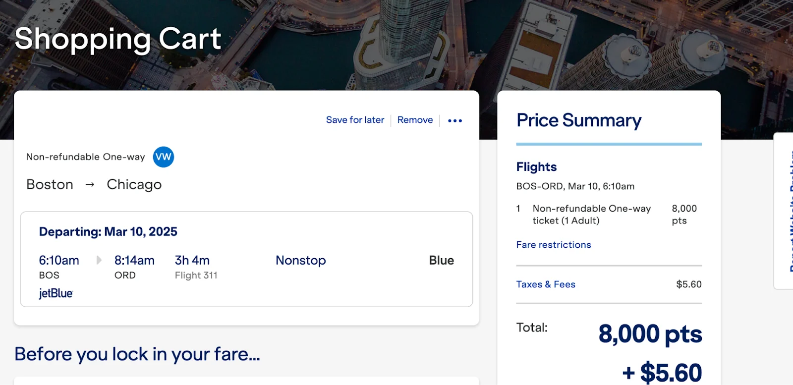 Screenshot of a JetBlue shopping cart showing a one-way Boston to Chicago flight totaling 8,000 points plus $5.60 in taxes and fees.