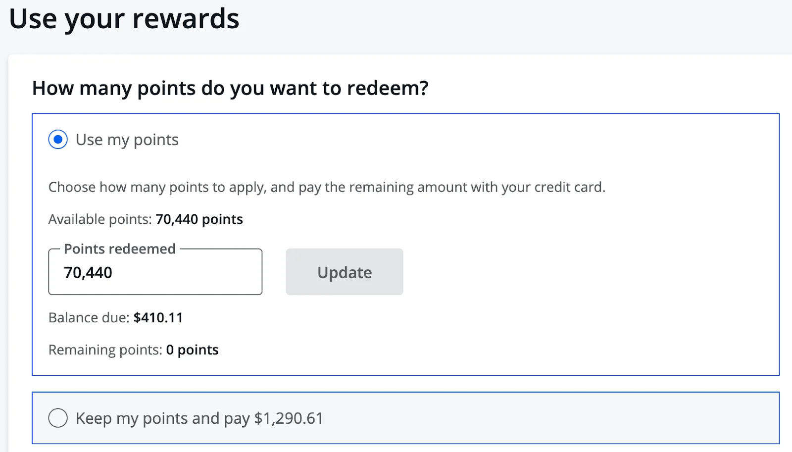 Screenshot of an American Airlines rewards redemption screen showing 70,440 points applied toward a booking with a $410.11 balance due