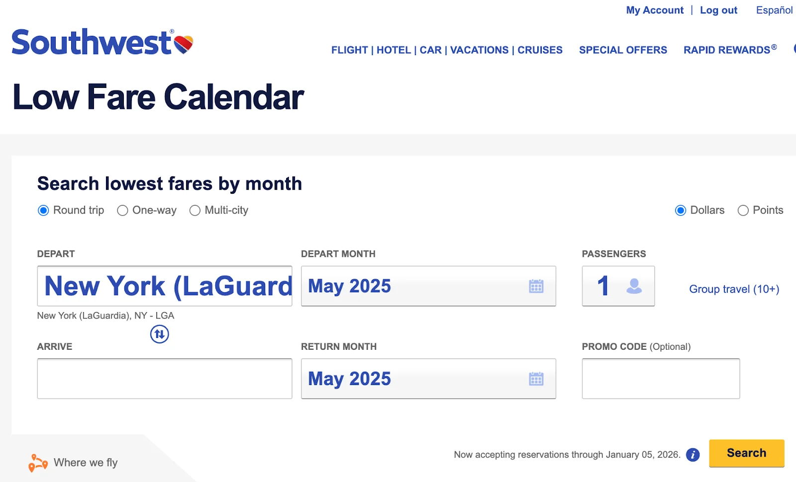 Screenshot of the Southwest Airlines Low Fare Calendar search page for a round-trip departing New York LaGuardia in May 2025.