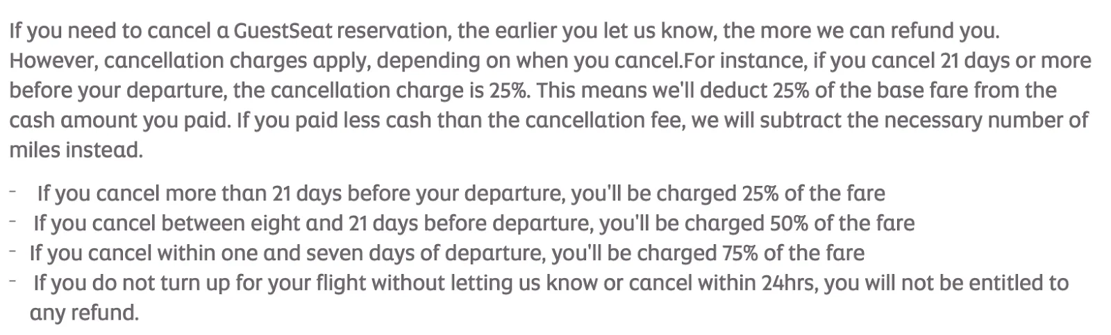 Screenshot of an Etihad Guest policy explaining GuestSeat cancellation charges ranging from 25% to 75% of the fare depending on timing before departure.