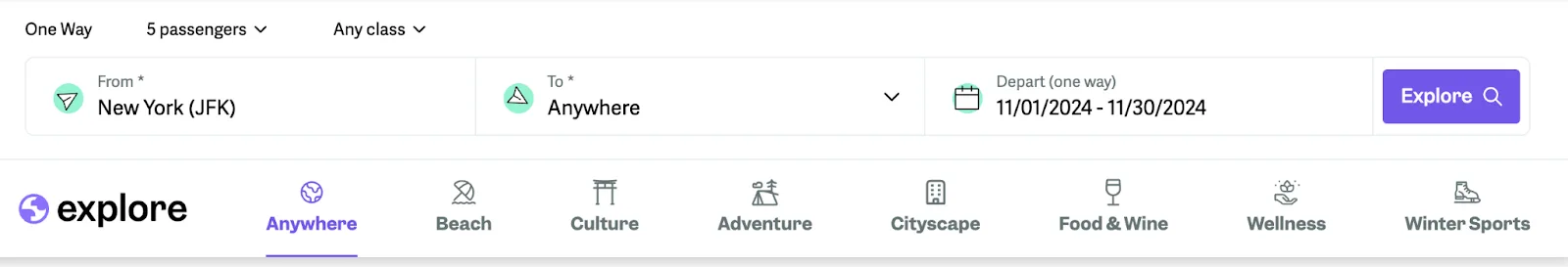 Screenshot of the point.me Explore tool set to search flights from New York (JFK) to anywhere, with category tabs like Beach, Culture, and Food & Wine