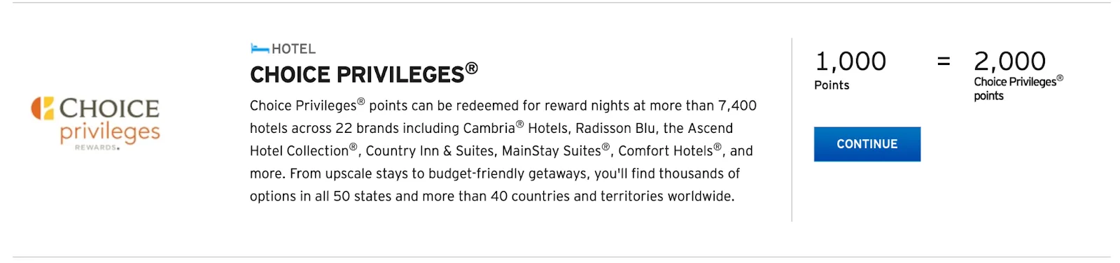 Screenshot of a Citi ThankYou Points transfer partner page for Choice Privileges showing a 1:2 points transfer ratio