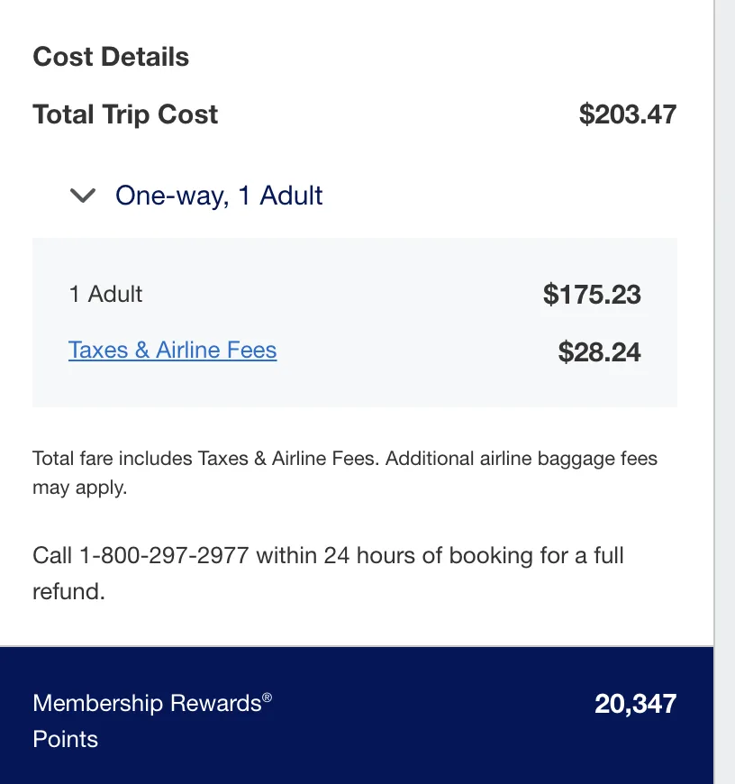 Amex Travel cost summary showing a $203.47 flight available for 20,347 Membership Rewards points