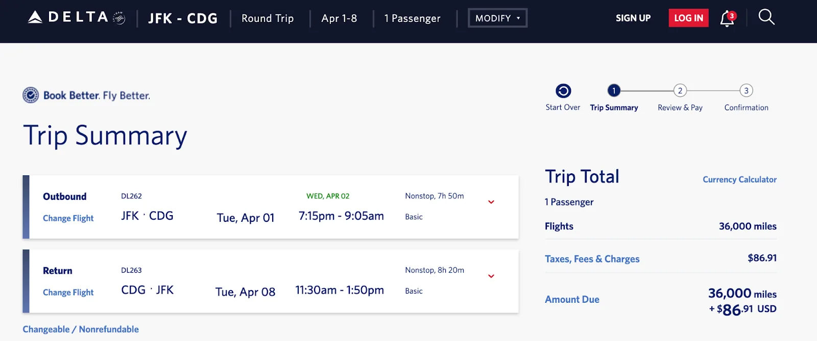 Screenshot of a Delta Air Lines trip summary for a New York to Paris flight priced at 36,000 miles plus $86.91 in taxes and fees