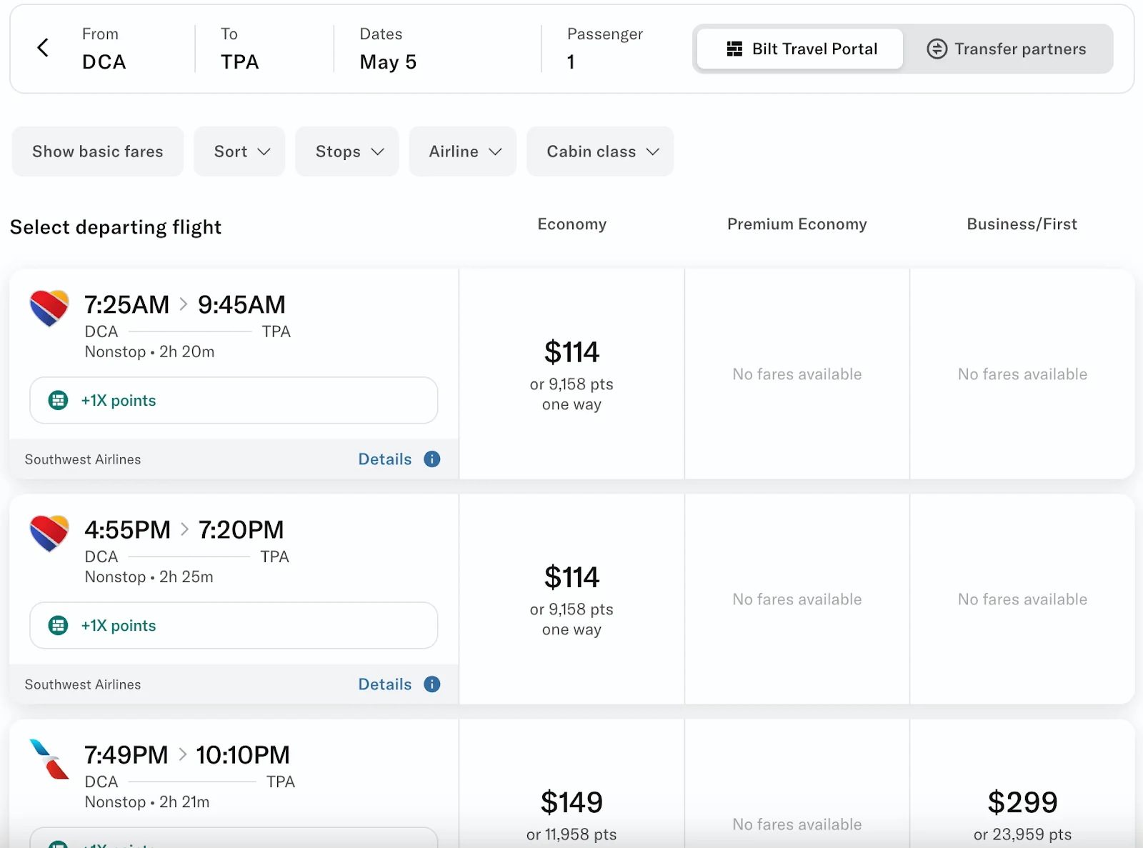 Screenshot of the Bilt travel portal showing Southwest Airlines flights from Washington to Tampa priced from 9,158 points