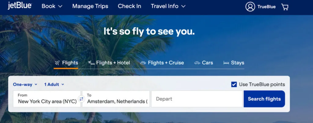 JetBlue homepage flight search form set up for a one-way New York to Amsterdam flight with Use TrueBlue Points checked