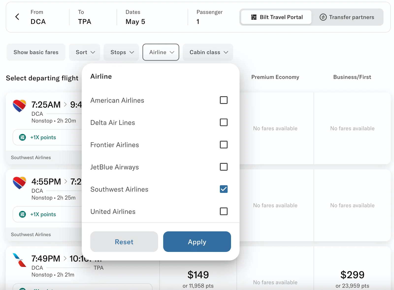 Screenshot of the Bilt travel portal airline filter with Southwest Airlines selected
