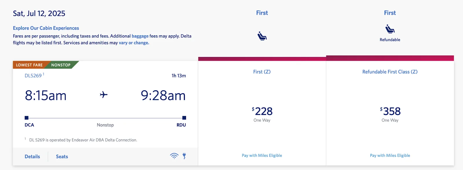Screenshot of a Delta fare comparison showing a Washington Reagan to Raleigh-Durham flight priced at $228 in First Class or $358 in Refundable First Class