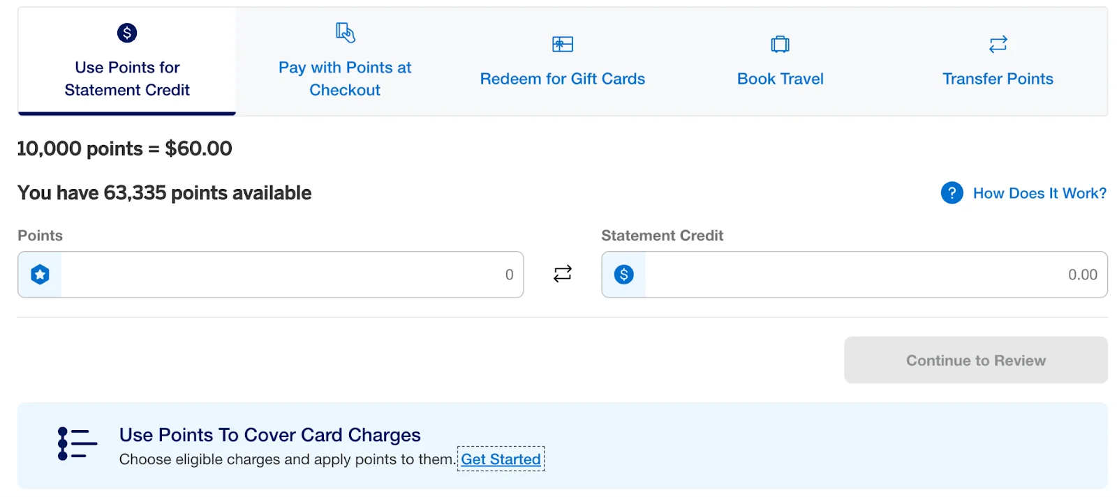 Screenshot of the American Express Membership Rewards redemption page showing options like statement credit, gift cards, and point transfers, with 10,000 points valued at $60.