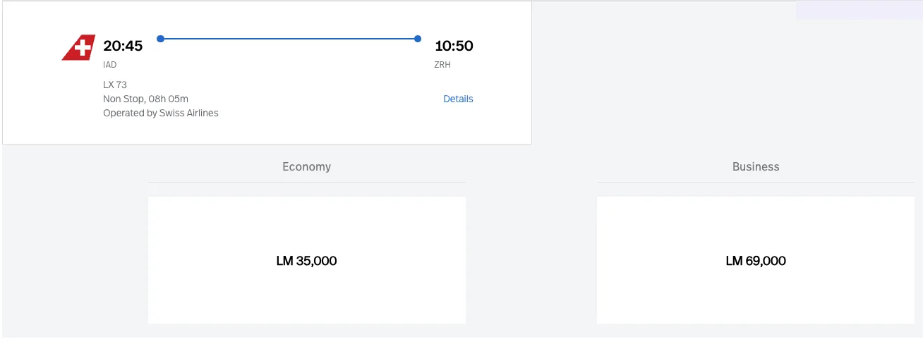 Screenshot of an Avianca LifeMiles award search for a Washington Dulles to Zurich flight on Swiss International Air Lines, priced at 35,000 miles in economy or 69,000 miles in business class