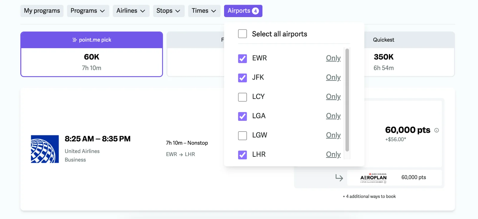 Screenshot of point.me search results showing an airport filter dropdown and a United Airlines business class flight from Newark to London for 60,000 Aeroplan points.